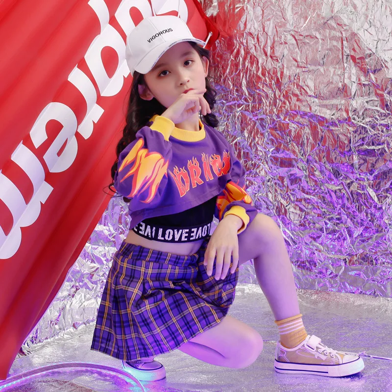 Top Trends: Girls Hip Hop Crop Sweatshirt Plaid Mini Skirt Clothing Sets Kids Purple Outfit Child Jazz Street Dance Teen Costumes Streetwear Shoppable Styles - Image 5