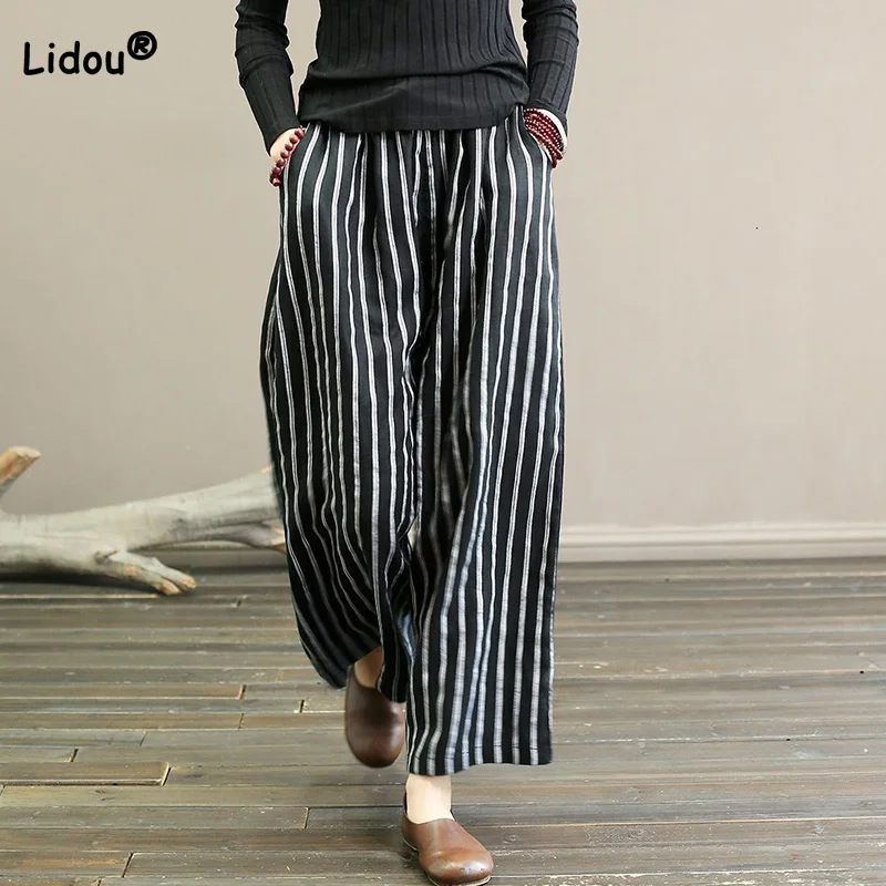 Top Trends: Retro Cotton Linen Striped Printing And Dyeing Wide Leg Pants For Women Summer Pockets Drape Casual Straight Cropped Trousers Shoppable Styles