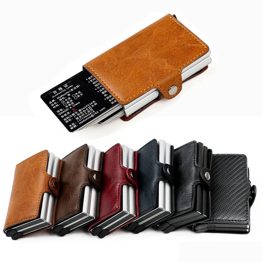 Top Trends: Customized Name RFID Blocking Men Wallet Credit Card Holder Leather Bank Card Wallet Double Metal Automatic ID Card Holder Purse Shoppable Styles