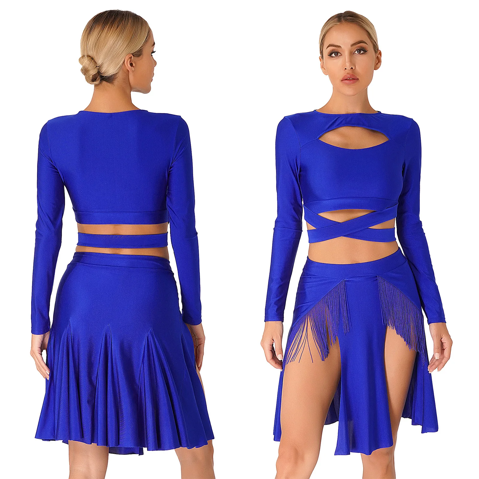 Top Trends: Womens Latin Dance Outfit Ballroom Modern Lyrical Dance Stage Performance Costume Long Sleeve Cutout Crop Top+ Tassel Skirt Set Shoppable Styles