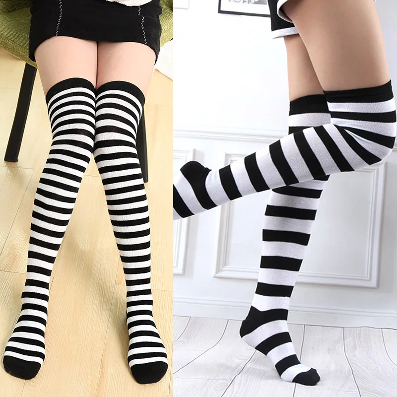 Top Trends: Women Thigh High Over The Knee Socks For Girl Black White Striped Hosiery Long Cotton Stockings Kawaii Knitted Leg Warmers Socks Shoppable Styles