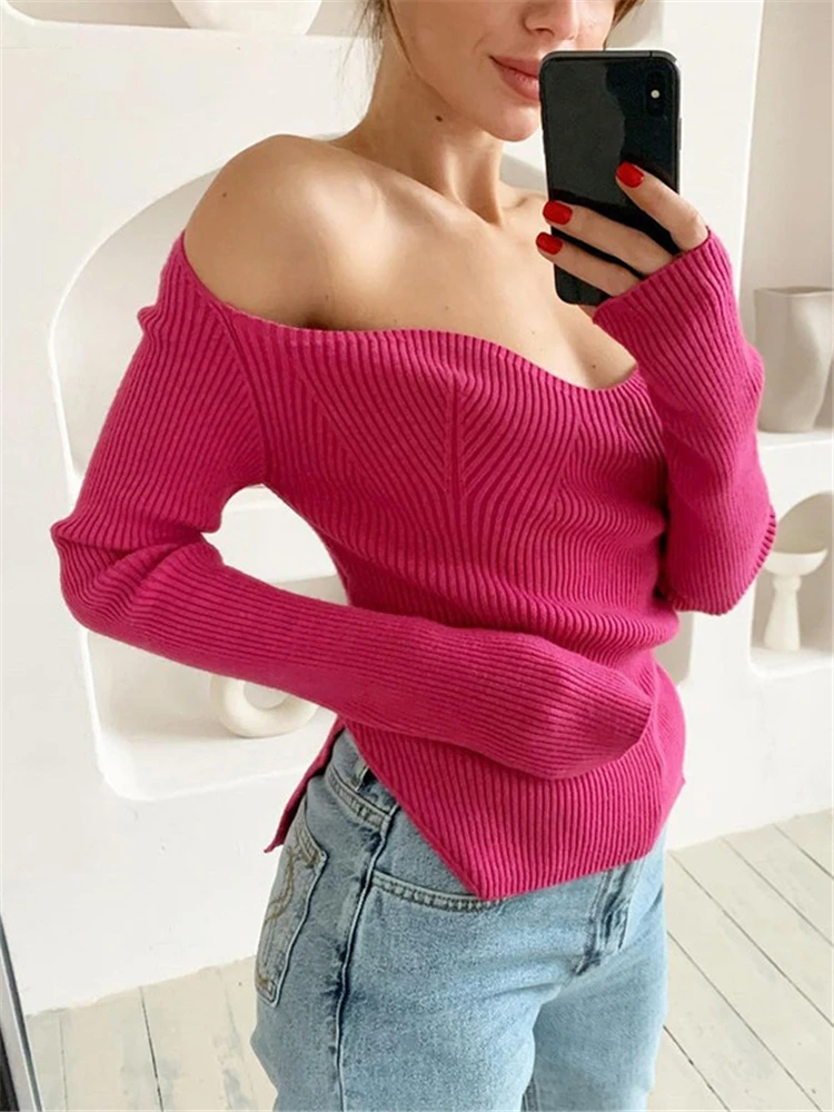 Top Trends: Tossy Long Sleeve Sweater 2022 Autumn Women Knit Ribbed Top Ladies Casual Knitted Tops Pullover Off-Shoulder Knitwear Black Shoppable Styles - Image 2