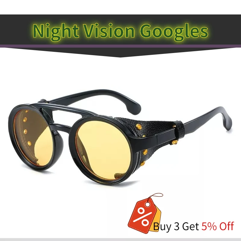 Top Trends: Steampunk Night Vision Googles Men Punk Round Sunglasses Brand Design Retro Double-bridge Windshield Driving Shades Eyewear Shoppable Styles