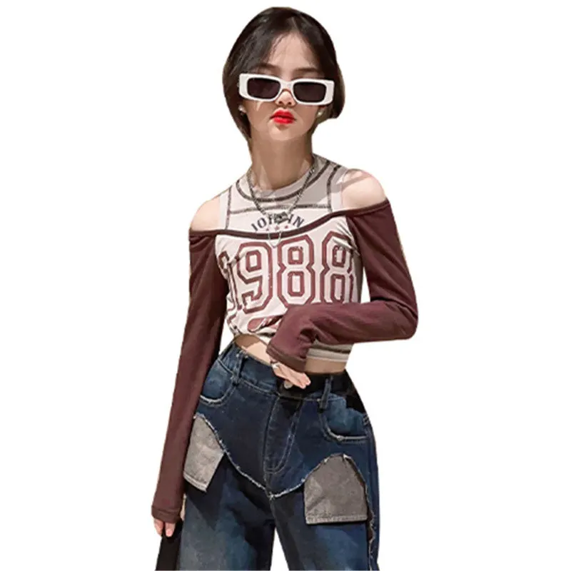 Top Trends: Spring Autumn Girls Off-Shoulder T Shirt Baby Tee Shirt Kids Tops Children Clothes Fashion Letter Print Long Sleeve Skinny 4-14Y Shoppable Styles