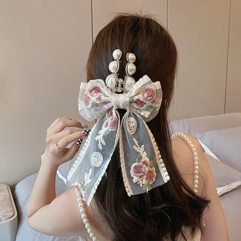 Top Trends: Fashion Women Girls Lace Bow Pearl Hair Claw Vintage Sweet Hair Accessories Hair Clip Barrettes Ribbon Bowknot Hairpins Headwear Shoppable Styles