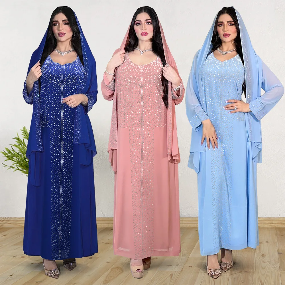 Top Trends: Abaya Dress Muslim Elegant Long Sleeve V-neck Blue Pink Diamonds Party Evening Long Dress Maxi Dress Muslim Fashion Abaya Shoppable Styles