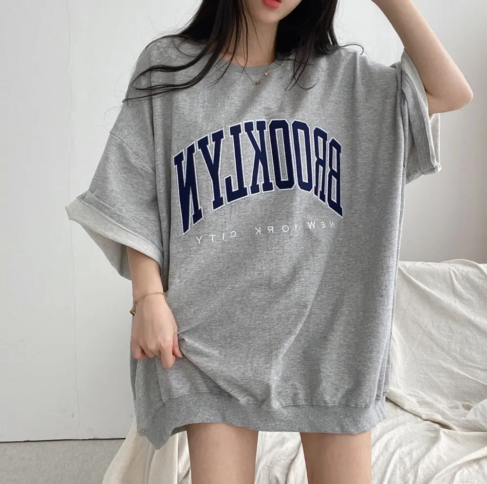 Top Trends: Hip Hop Short Sleeve Korea O Neck Oversized Cotton Summer Women Harajuku Letter Print Sweatshirts Gray Vintage Loose Fleece Tops Shoppable Styles