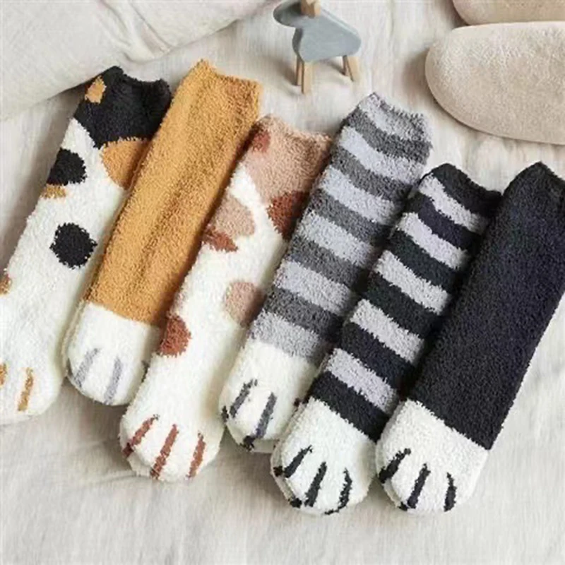 Top Trends: 1 Pair Coral Fleece Socks Winter Funny Print Cat Paw Warm Socks Cute Thick Warm Sleeping Floor Socks For Indoor Home Bedroom Shoppable Styles