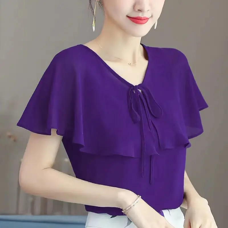 Top Trends: Elegant V-Neck Ruffles Lace Up Bow Oversized Chiffon Blouse 2022 Summer New Casual Pullovers Loose Commute Women&#039;s Clothing Shir Shoppable Styles