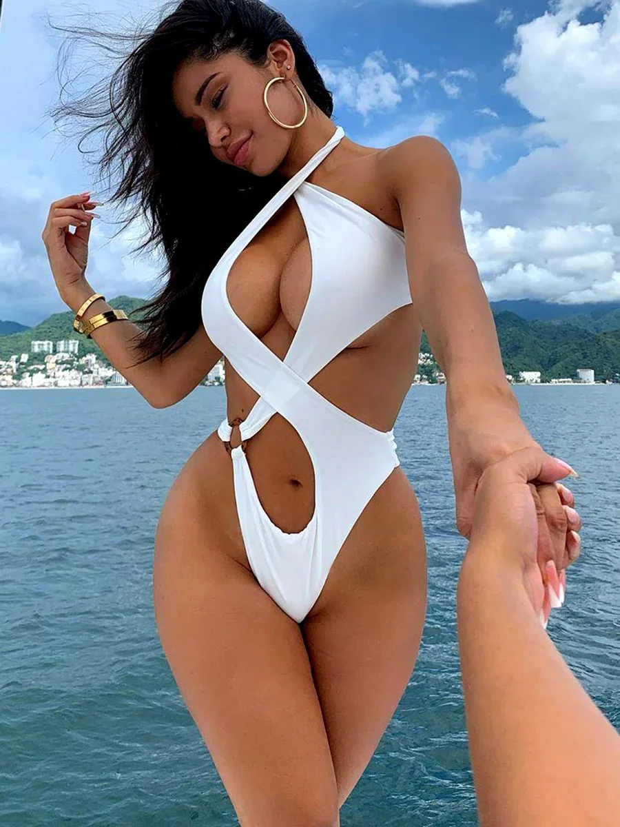 Top Trends: 2024 Sexy High Cut Out Halter Female Swimwear One Piece Swimsuit Women Cross Bandage Monokini Bather Bathing Suit Swim Beachwear Shoppable Styles