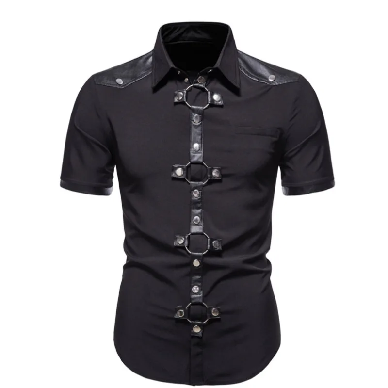 Top Trends: #4754 Spring Summer Black Red Short Sleeve Shirt Men Gothic Style Streetwear Shirt Man Slim Punk Rivet Man Shirts High Quality Shoppable Styles