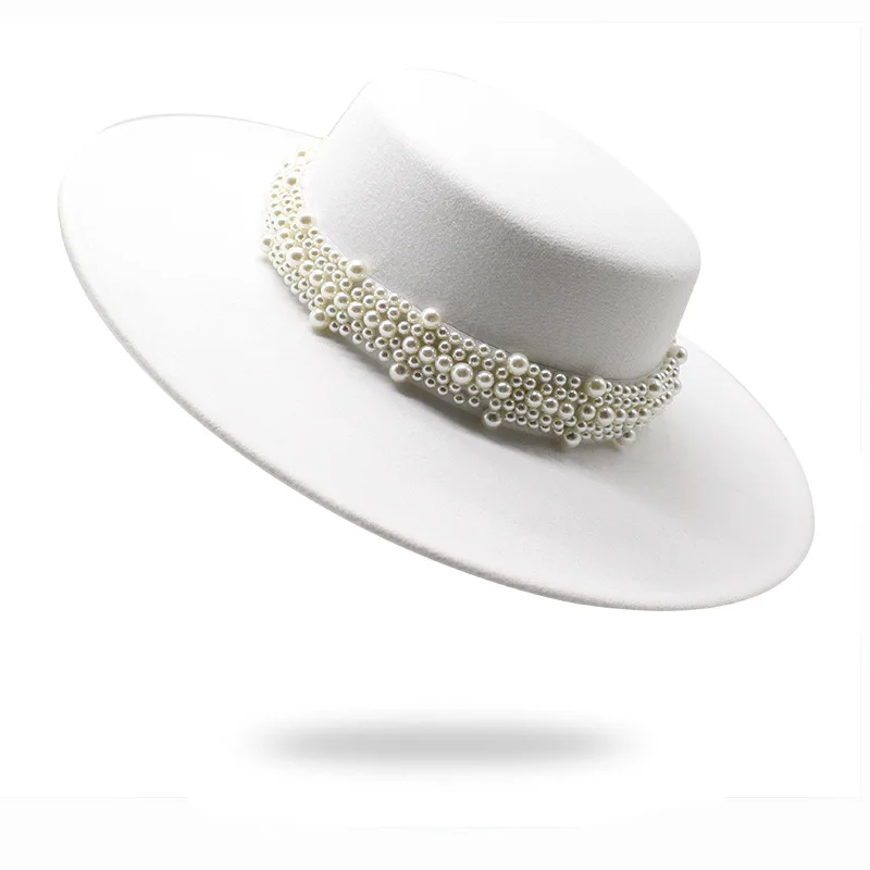 Top Trends: Spring Autumn Women&#039;s Cap Hats Bowler Round Fedoras Wide Brim Pearl With Chain Headgear Chapel Beach Wedding Picture Elegant New Shoppable Styles