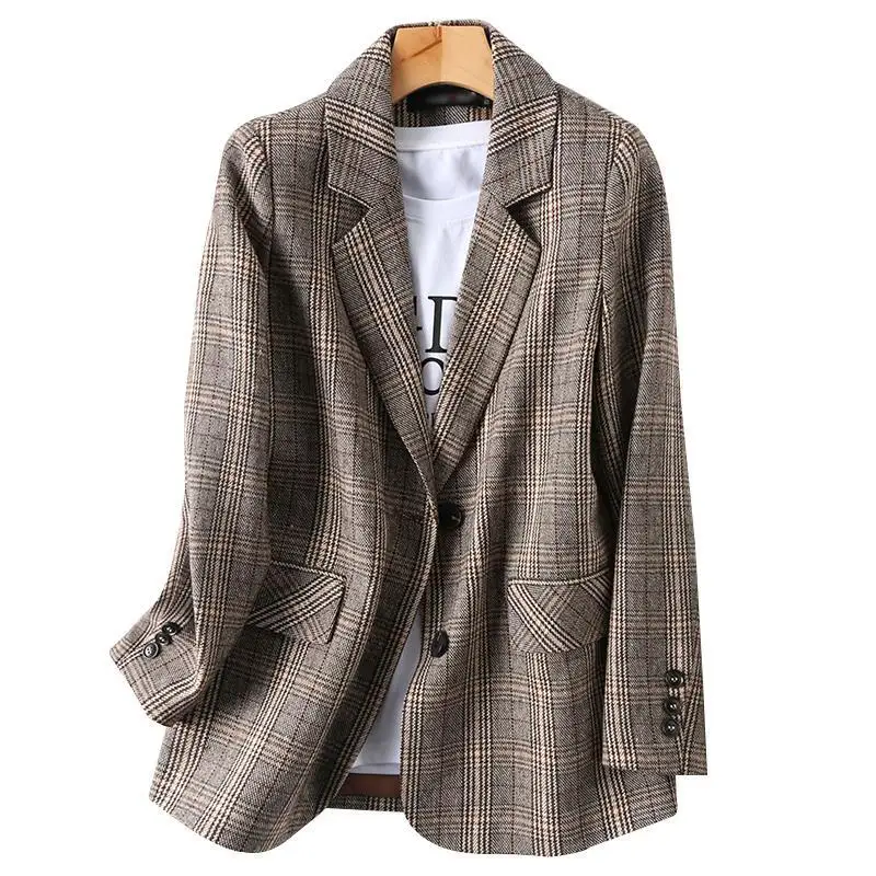 Top Trends: 2023 Vintage Plaid Blazer Office Ladies Single-breasted Long Sleeve Suits Korean Fashion Jacket Spring Autumn Coat Plaid Blazer Shoppable Styles