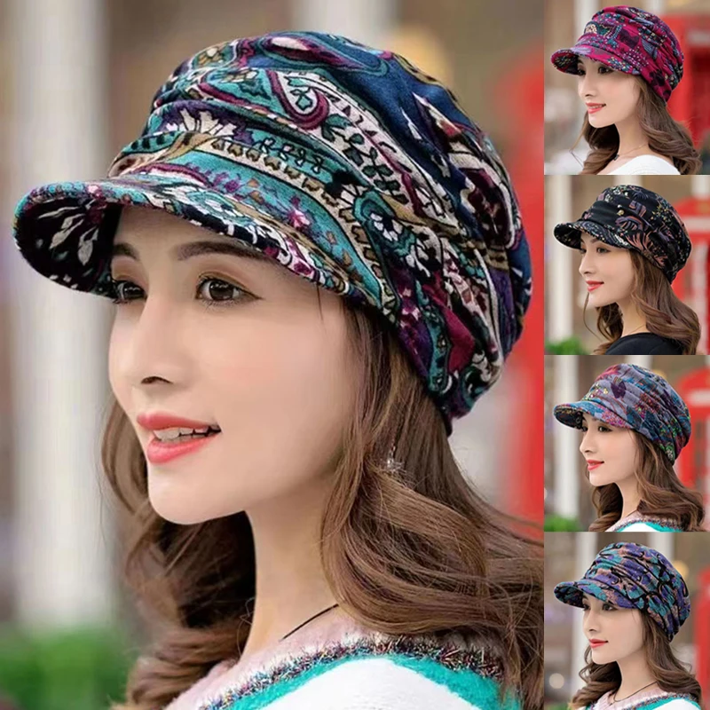 Top Trends: Women Hat Short Brim Warm Foldable Earflap Women Cap Ethnic Style Floral Print Autumn Winter Hat Daily Clothing Turban Visor Shoppable Styles