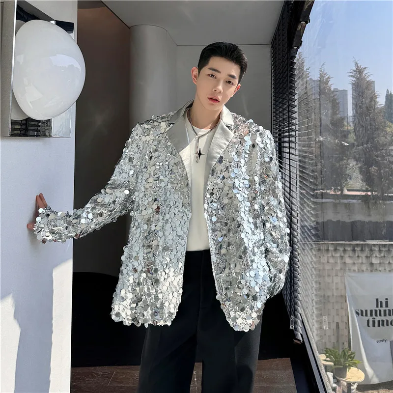 Top Trends: Korean Men&#039;s Sequins Blazer Glitters Bling Suit Jackets Singer Stage Shiny Clothing Black Silver Oversize Party Suit Coat Man Shoppable Styles