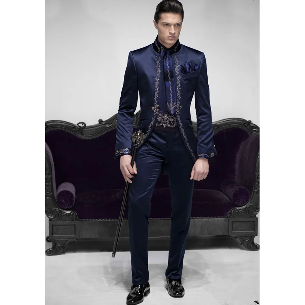 Top Trends: Tailor Made Italian Embroidery Navy Blue Men Suits Slim Fit Groom Prom Tuxedo 2 Piece Male Blazer Luxury Brand Jacket+ Pant Terno Shoppable Styles