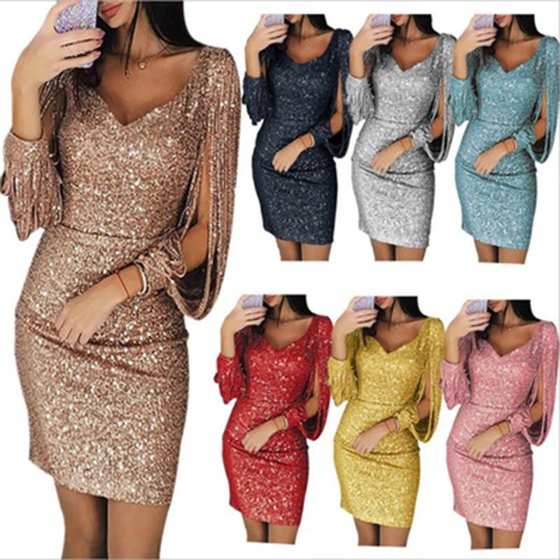 Top Trends: Women Sequin Dress Glitter Sparkle Sexy Deep V Neck Short Dress Above Knee Length Long Tassel Sleeve Shoppable Styles