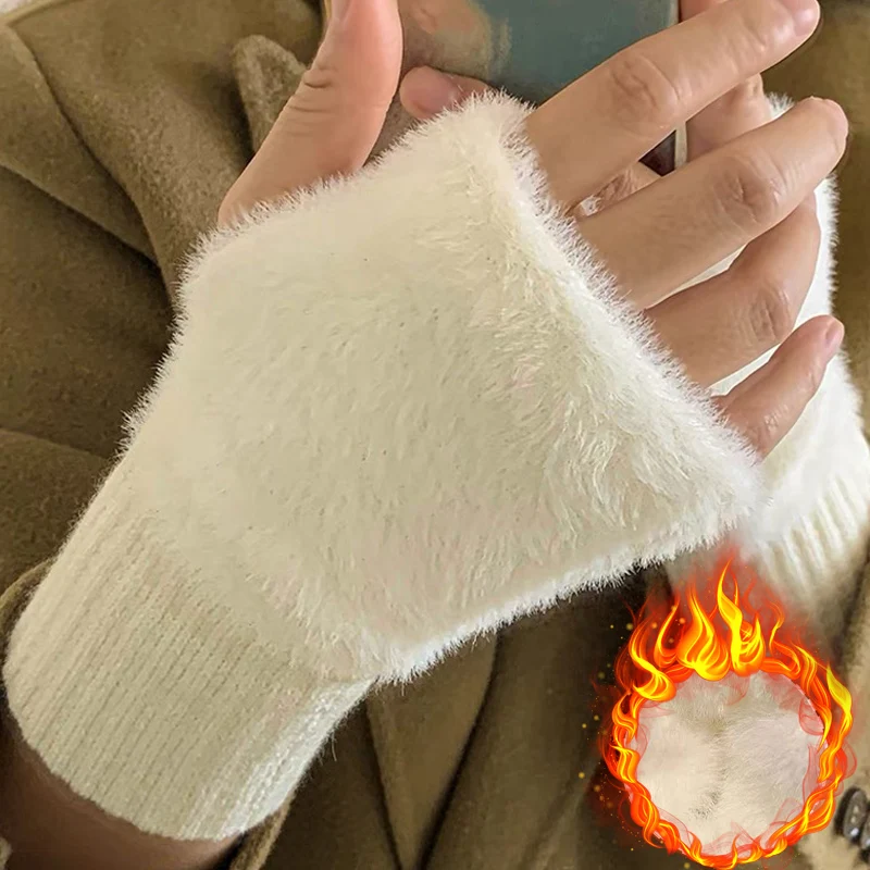 Top Trends: Soft Plush Fingerless Gloves Women Girls Winter Warm Fluffy Touchscreen Half Finger Glove Outdoor Windproof Kawaii Wrist Mittens Shoppable Styles