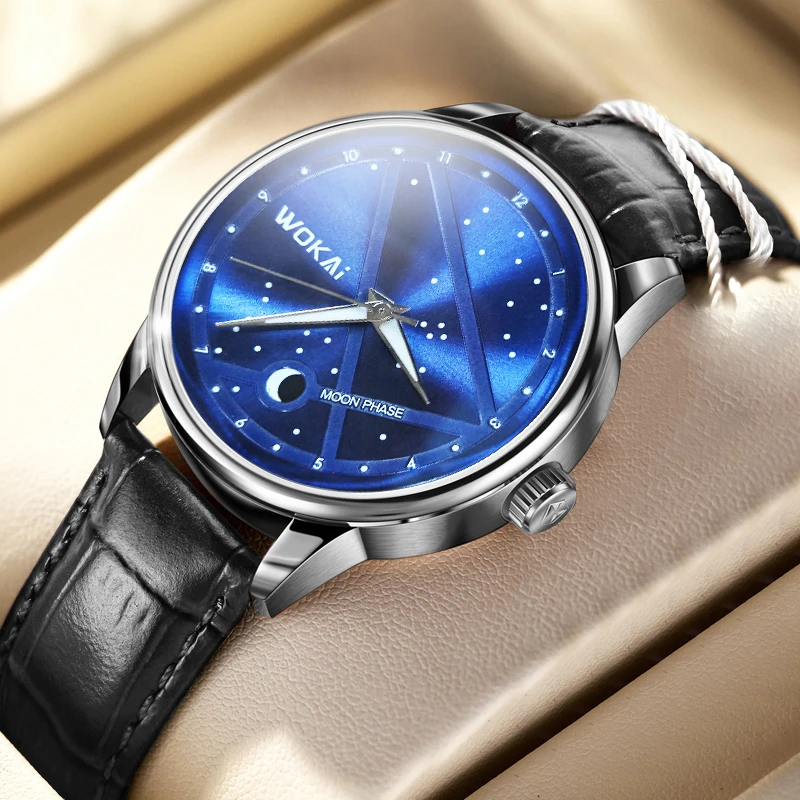 Top Trends: WOKAI High Quality Fashion Blue Constellation Men&#039;s Leather Belt Quartz Watch Men&#039;s Business Sports Clock Simple Retro Shoppable Styles