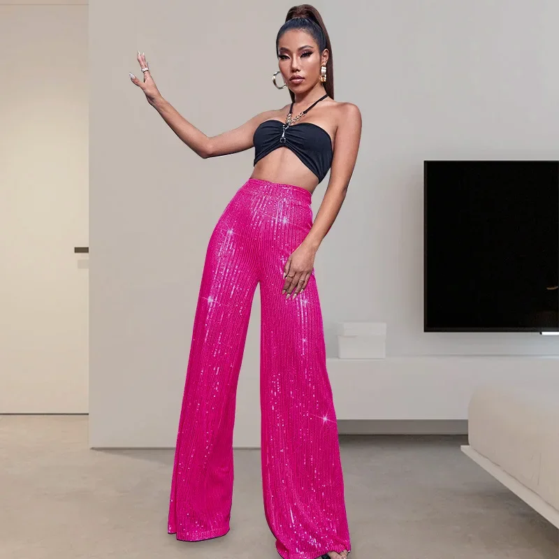 Top Trends: Women Sequin Flare Pants High Waist Sparkle Glitter Wide Leg Loose Pants Trousers Party ClubwearC Champagne Sparkle Streetwear Shoppable Styles - Image 2