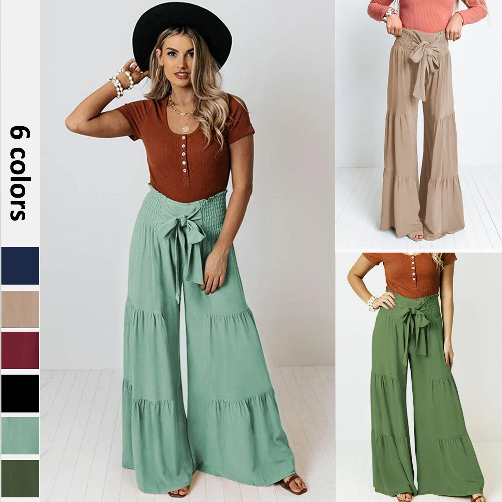 Top Trends: Casual Flared Wide Leg Pants Fashion Solid Pants Women Trousers Boho Elastic High Waist Lace Up Holiday Pants Shoppable Styles