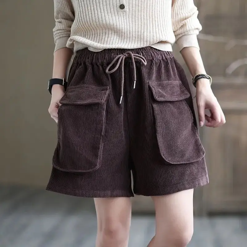 Top Trends: Women's Vintage Solid Pocket Corduroy Shorts 2023 Autumn And Winter New High Waist Loose Drawstring Elastic Waist Wide Leg Pants Shoppable Styles