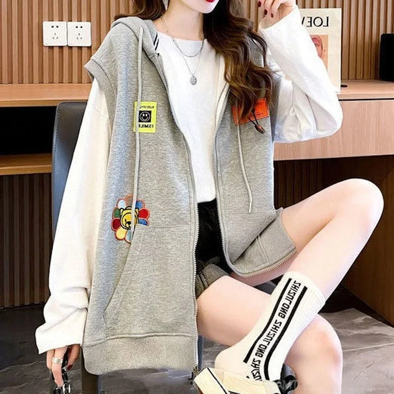 Top Trends: Cotton Hooded Sweatshirt Vest Women&#039;s Sleeveless Top Coat Retro Leisure Korean Fashion Harajuku Style Plus Size Loose Cardigan Shoppable Styles