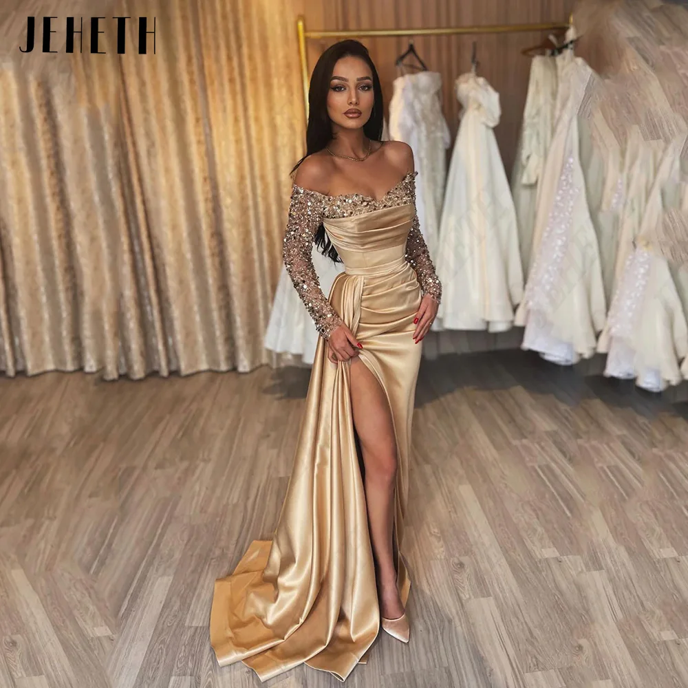 Top Trends: JEHETH Fashion Champagne Evening Dresses Off Shoulder Sweetheart Long Sleeves Prom Gowns Mermaid Satin 2024 Vestidos De Noche Shoppable Styles