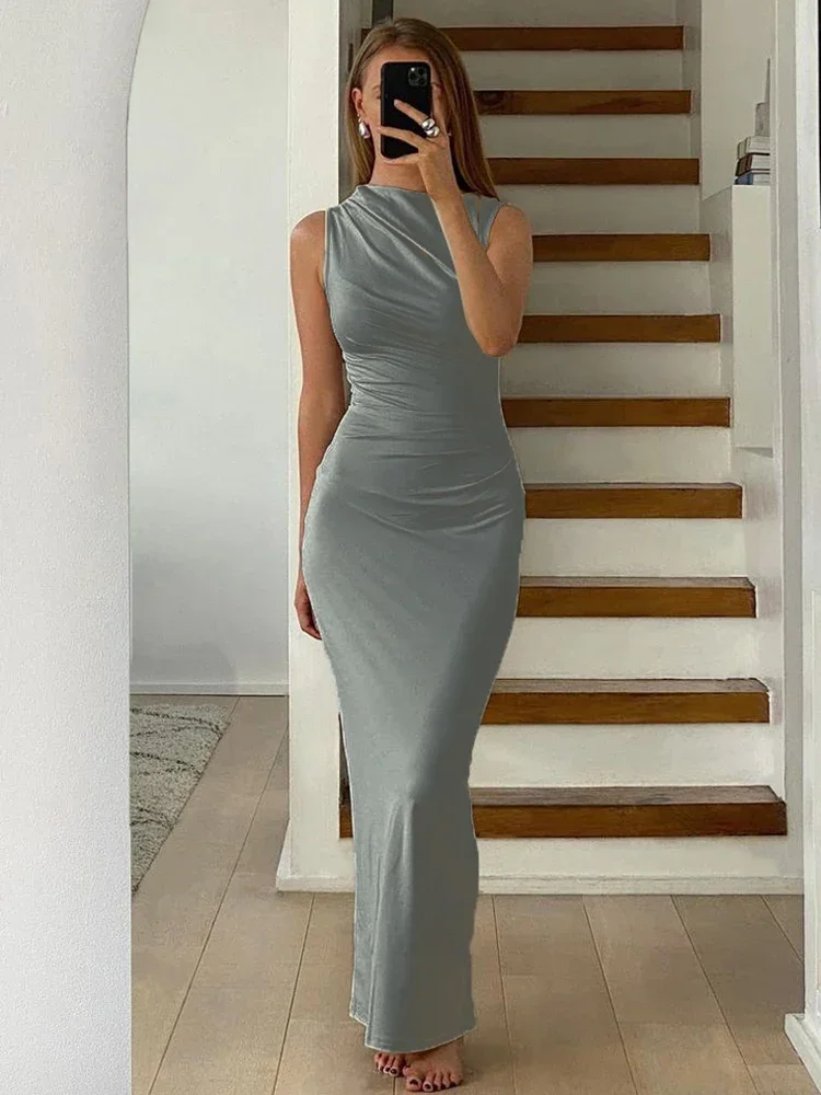 Top Trends: Tossy Pleated Long Sleeved Slim Maxi Dress Women Solid Fashion Elegant Party Dress Gown Off-Shoulder High Waist Bodycon Dress Shoppable Styles - Image 2