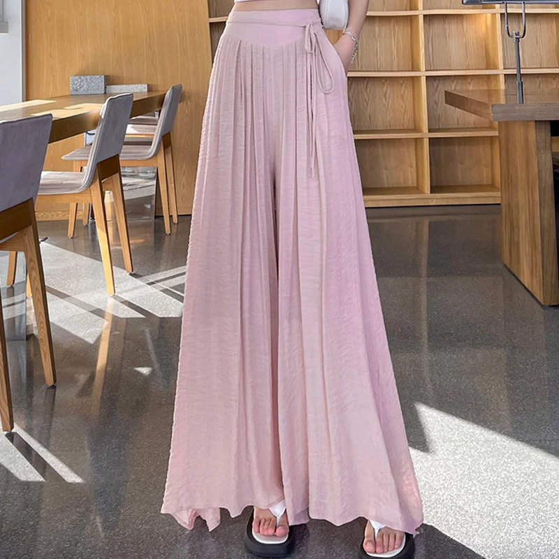 Top Trends: Summer Vintage Elegant Fashion Wide Leg Pants Women Solid Color Flowy Aesthetic Chic Drape Loose Drawstring Folds Long Trousers Shoppable Styles