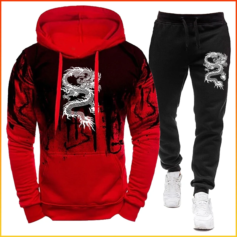 Top Trends: Autumn Men Fitness Tracksuit Sport Set Dragon Printed Hoodies + Pants Sportwear Suit Male Outdoor Running Jogging Sets Shoppable Styles