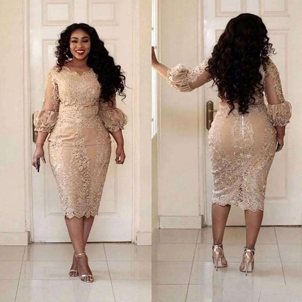 Top Trends: African Champagne Plus Size Mother Of The Bride Dresses Lace Applique Illusion 3 / 4 Sleeve Long Sleeve Evening Gowns Shoppable Styles