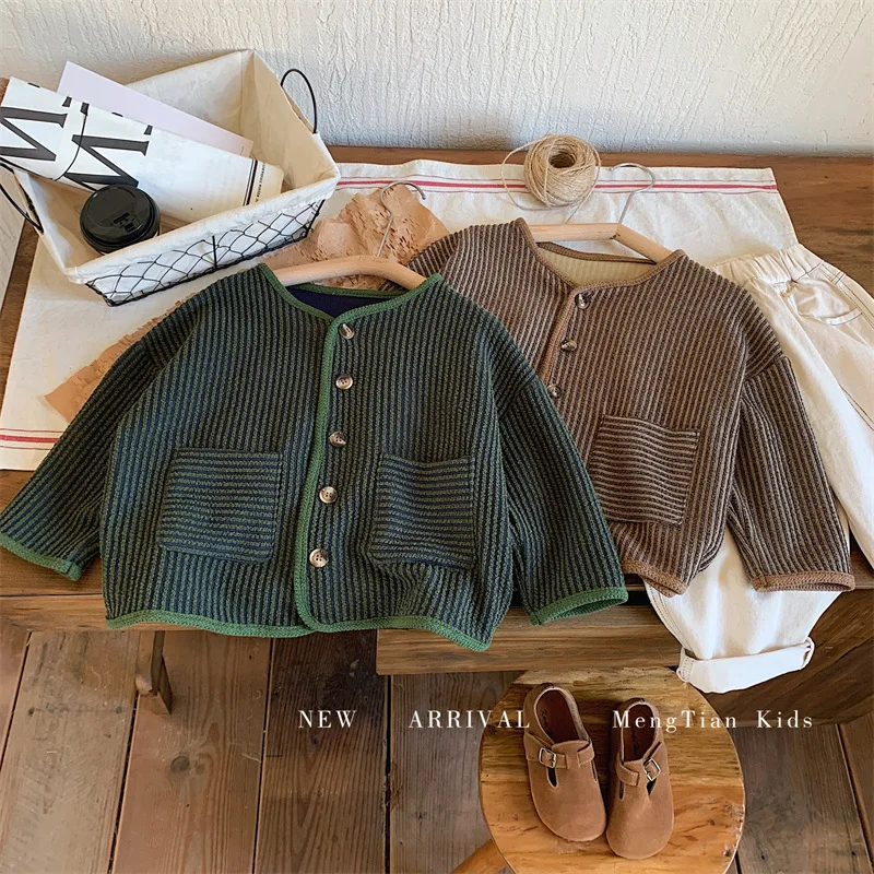 Top Trends: Children Clothing 2023 Spring Autumn New Fashionable Korean Style Coat Boys And Girls Cardigan Casual Simple Striped Retro Coat Shoppable Styles