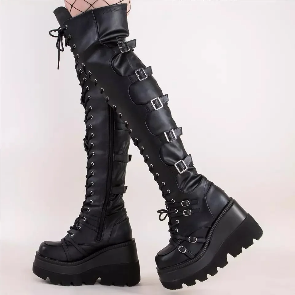 Top Trends: Gothic Thigh High Boots Women Platform Wedges Motorcycle Boot Over The Knee Army Stripper Heels Punk Lace-up Belt Buckle Long Shoppable Styles