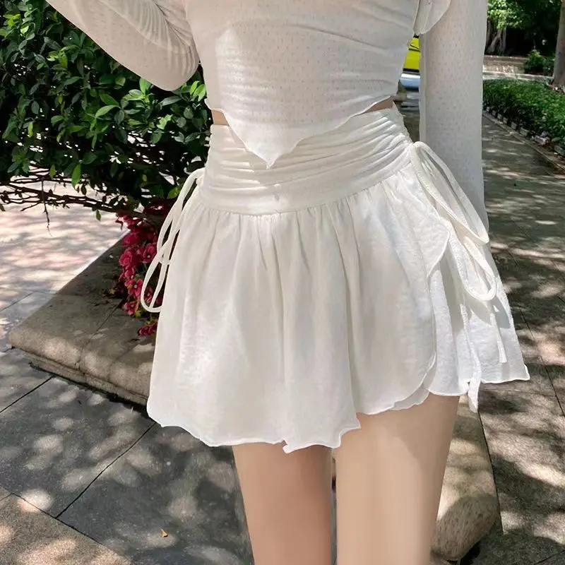 Top Trends: HOUZHOU Sexy Cute White Mini Skirt Women Drawstring Folds High Waist Irregular Ruffle Patchwork Fairycore Short Skirts Coquette Shoppable Styles