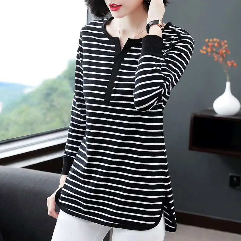 Top Trends: Spring Autumn New Striped Split Hem Contrast T Shirts Long Sleeve V Neck Loose All-match Tops Tees Casual Fashion Women Clothing Shoppable Styles