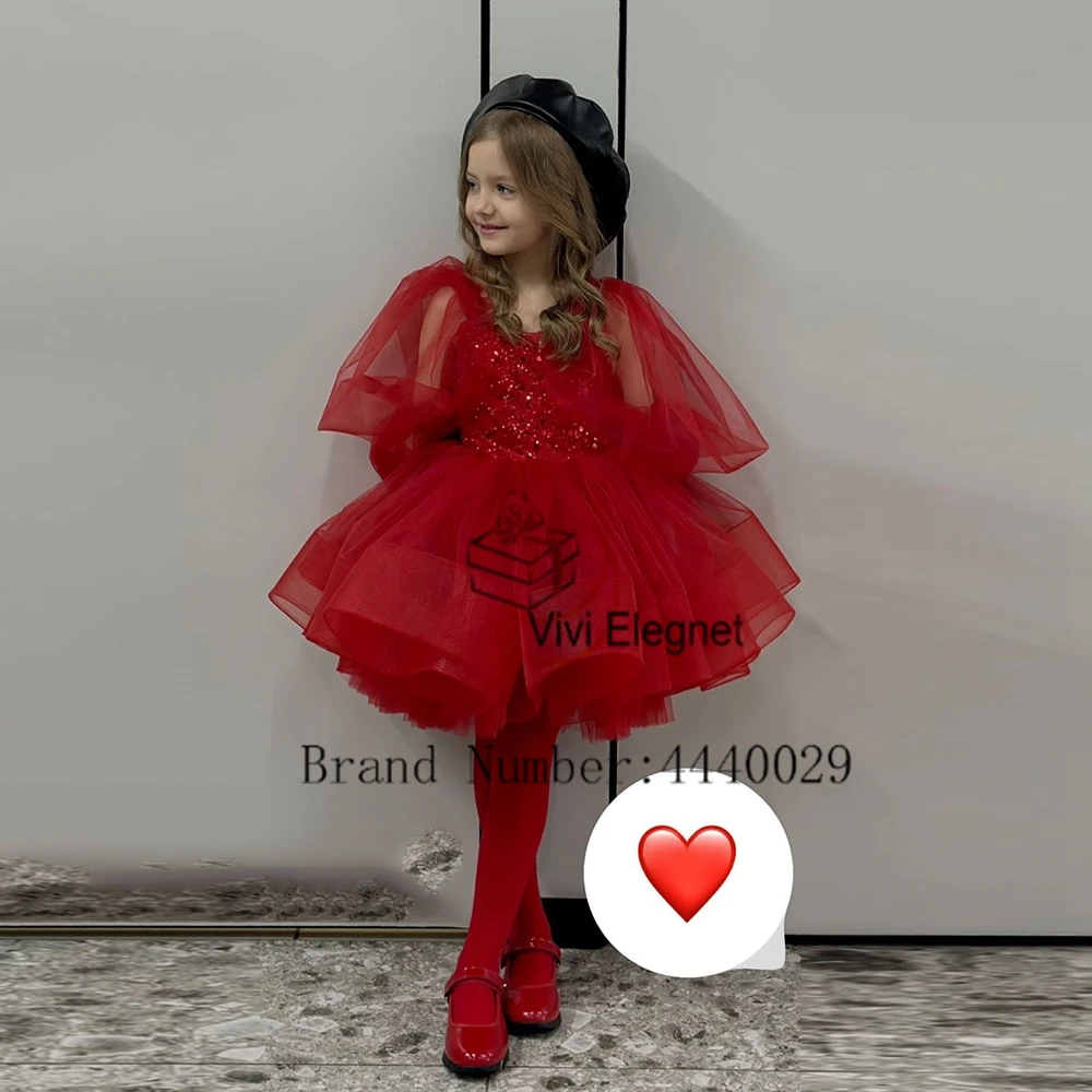 Top Trends: Red Full Sleeve Flower Girls Dresses With Sequined Tiered Dance Tutu Christmas Gowns Soft Tulle فلور فتاة اللباس 2023 Summer NEW Shoppable Styles