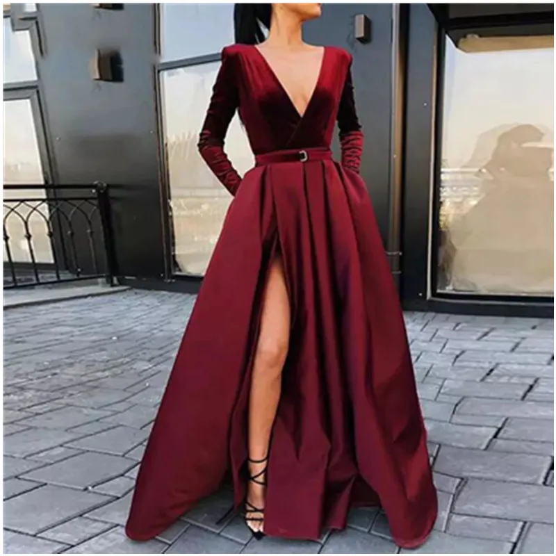 Top Trends: Grace Robe Soirée Femme Luxe V-Neck Long Sleeve Slit Sexy Long Evening Dress Wedding Guests Reception Red Dress Bridesmaid Dress Shoppable Styles