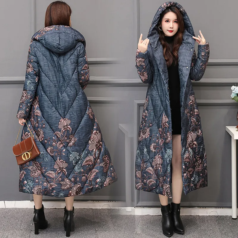 Top Trends: Fdfklak Hooded Thick Warm Parkas Women Vintage Printed Down Cotton Winter Coat Middle Aged Mother Overlength Padded Jacket Shoppable Styles