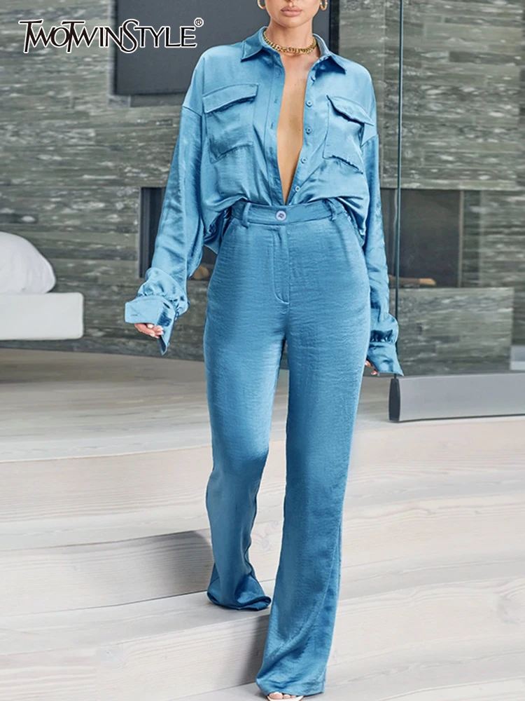 Top Trends: TWOTWINSTYLE Korean Sets Female Lapel Long Sleeve Single Breasted Shirts Loose Waist Wide Leg Trousers Solid Two Piece Set 2022 Shoppable Styles