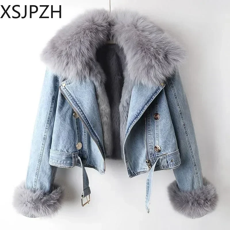 Top Trends: Thick Overcoat 2023 New Women Faux Fox Fur Collar Jean Coat Winter Jacket Female Short Warm Parkas Rabbit Hair Lining Outwear Shoppable Styles