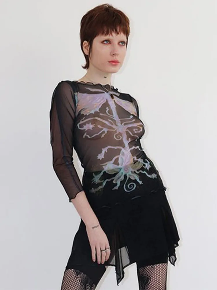 Top Trends: Summer Abstract Printing Tops Round Neck Women Clothes Ropa Mujer Pullover Mesh See-through Slim And Skinny Seven-minute Sleeve Shoppable Styles