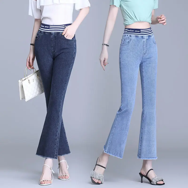 Top Trends: Korean Fashion Women Slim Flared Jeans Office Lady Spring Autumn Streetwear Pants Elastic High Waist Waist Casual Denim Trousers Shoppable Styles