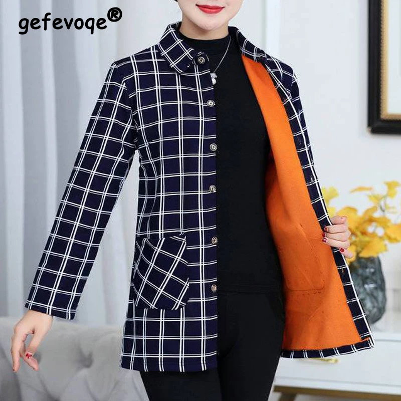 Top Trends: 2023 Autumn Winter Middle Aged Elderly Women Vintage Plaid Plush Thicken Button Shirt Jacket Lapel Long Sleeve Loose Tunic Coats Shoppable Styles