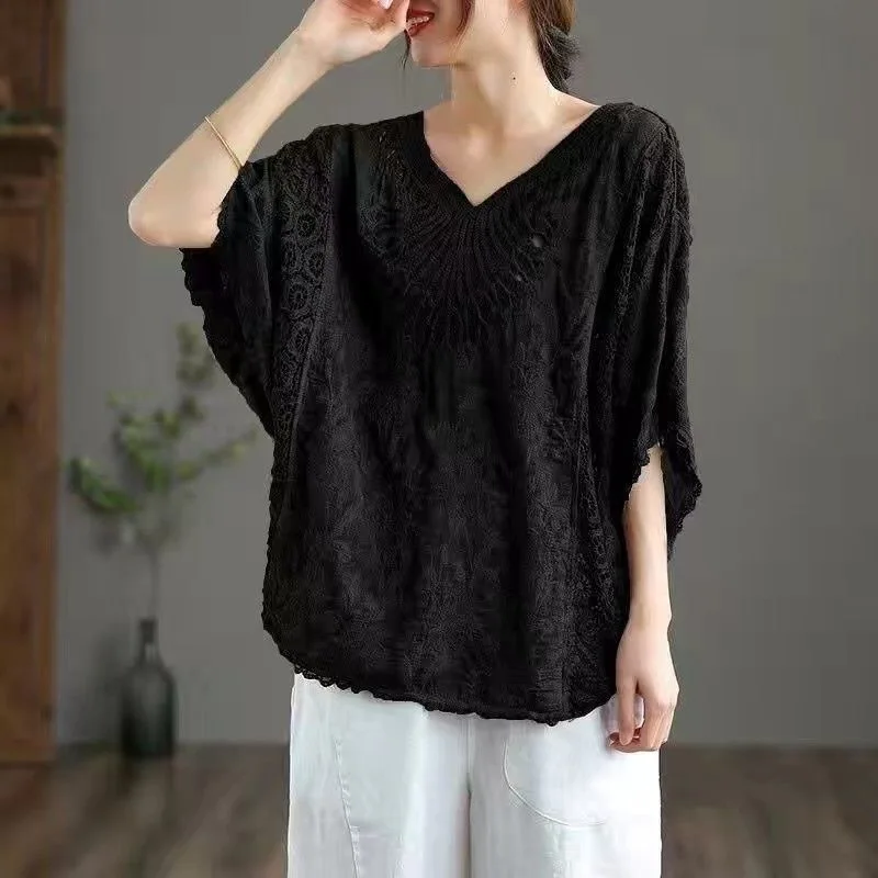 Top Trends: Summer Women's Cotton Hollowed Out Lace Embroidery V-neck Half Sleeved T-shirt Loose Oversized Sun Protection Overlay Tops Shoppable Styles - Image 6