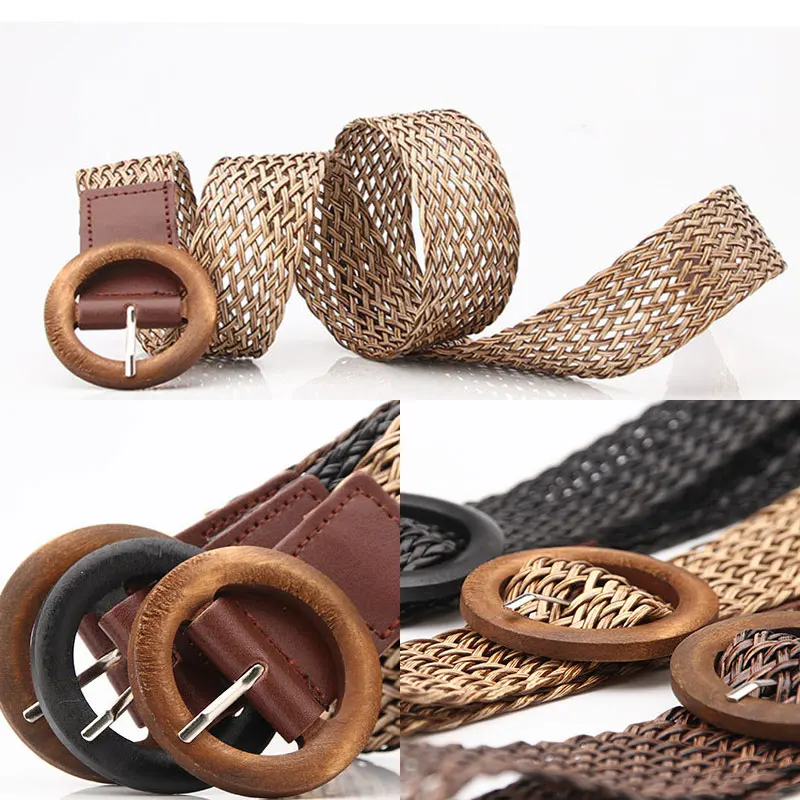 Top Trends: Vintage Braided Waist Belt Summer Solid Female Belt Round Wooden Buckle Fake Straw Wide Elasticity Belts For Women Shoppable Styles - Image 2