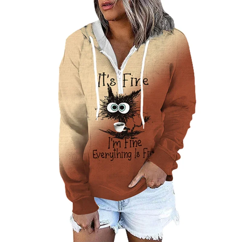 Top Trends: Cute Cat Cartoon Print Women Hooded Sweatshirt Splicing Kangaroo Pouch Zip Half Open Hoodie Autumn Winter Long Sleeve Outerwear Shoppable Styles