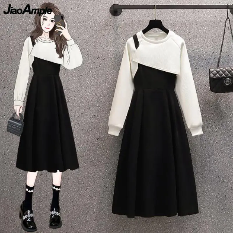 Top Trends: Women's Spring Autumn Fashion Two Piece Dress Set 2023 Korean Casual Short Sweatshirt Sleevelss Dresses Outfits Lady Clothing Shoppable Styles