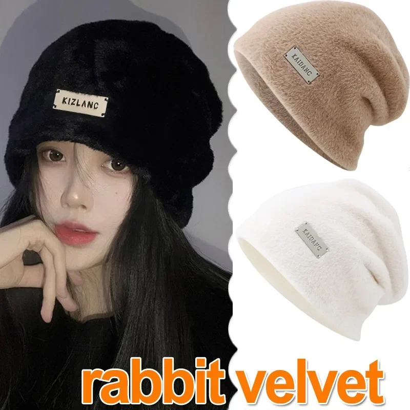 Top Trends: Winter Rabbit Plush Beanies Pullover Hat Fashion Men Women Autumn Warm Metal Letter Folding Hat Laziness Casual Skullies Caps Shoppable Styles