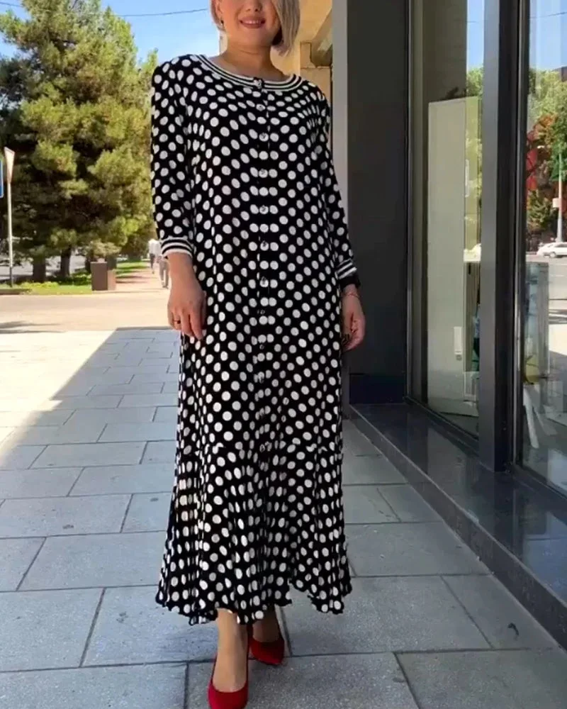 Top Trends: Elegant Polka Dot Print Women Dress 2023 Spring Summer 3 / 4 Sleeve O-neck Hem Ruffle Long Maxi Dress African Casual Clothes Shoppable Styles